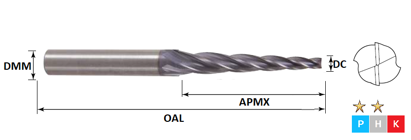 2.0mm 4 Flute (1 30' Taper Angle & 12mm Cut) Taper Rib Processing Pulsar Carbide End Mill